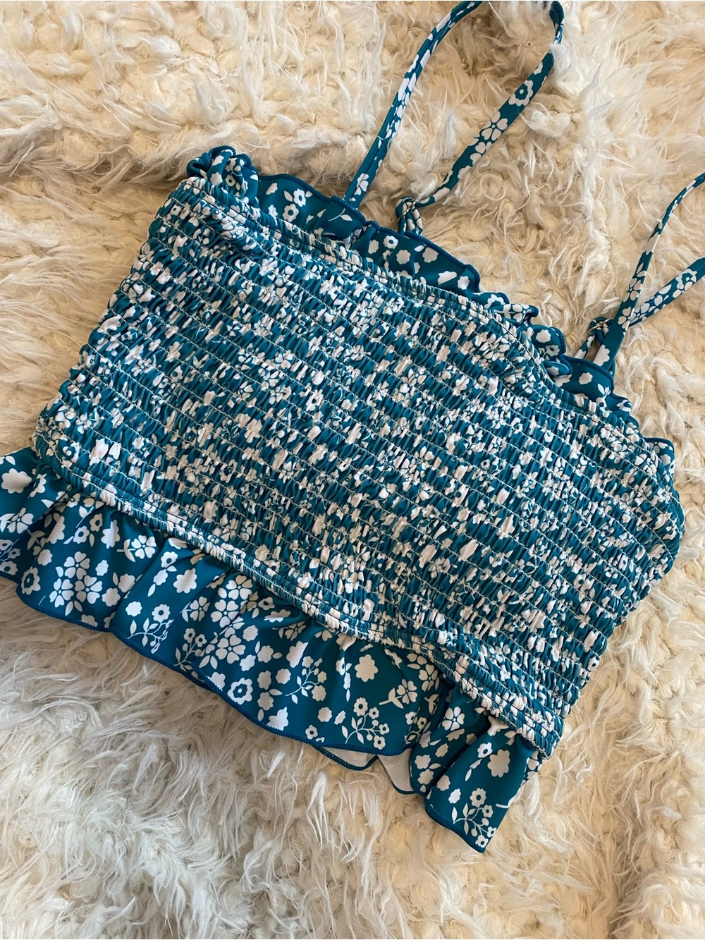 Teal Floral Smocked Cropped Cami Top